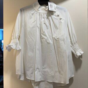 Sara Campbell Button Neck Asym Smock Blouse-White - Medium
